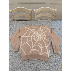 Spiderweb Sweater Knit Crewneck Tan Beige Cream Halloween Goth Cozy Women’s XL
